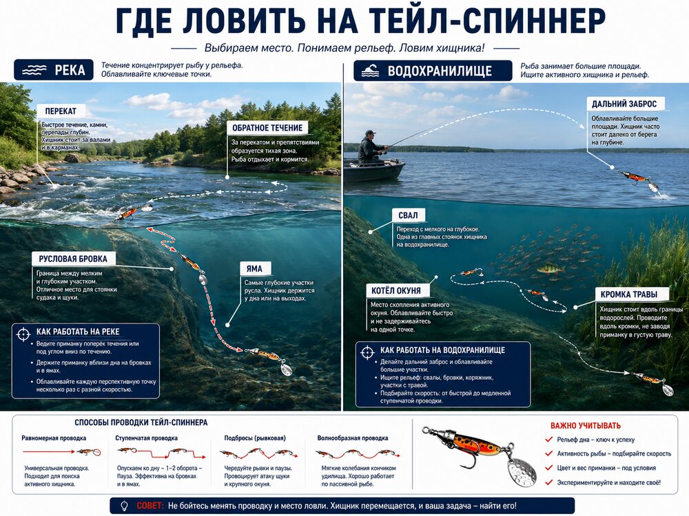 Ловля на тейл-спиннер на реке и водохранилище с разными зонами проводки