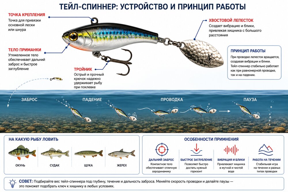 Схема работы тейл-спиннера с хвостовым лепестком при проводке у дна