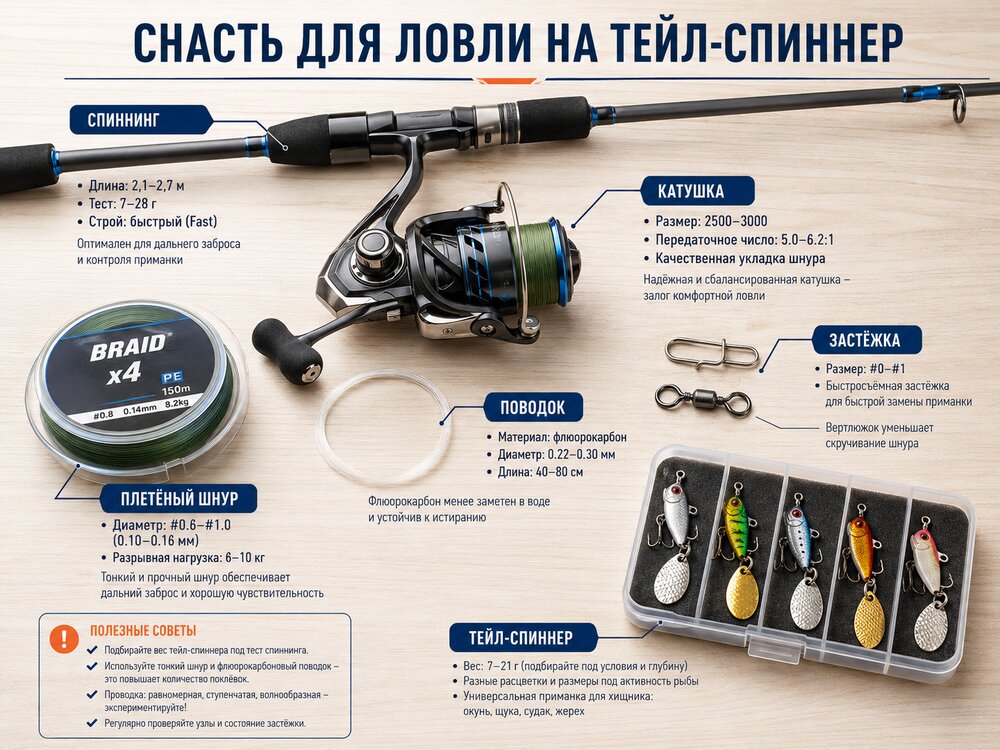Спиннинговая снасть для ловли на тейл-спиннер с шнуром поводком и карабином