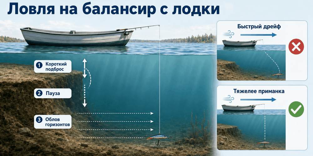 Отвесная ловля на балансир по открытой воде с лодки