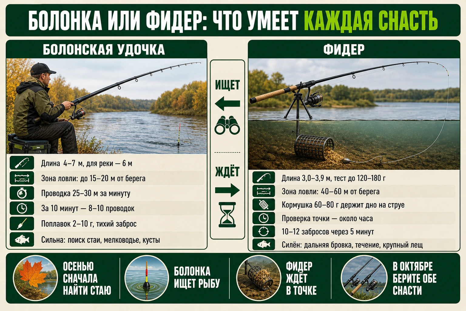 Сравнение болонской удочки и фидера для осенней рыбалки на реке
