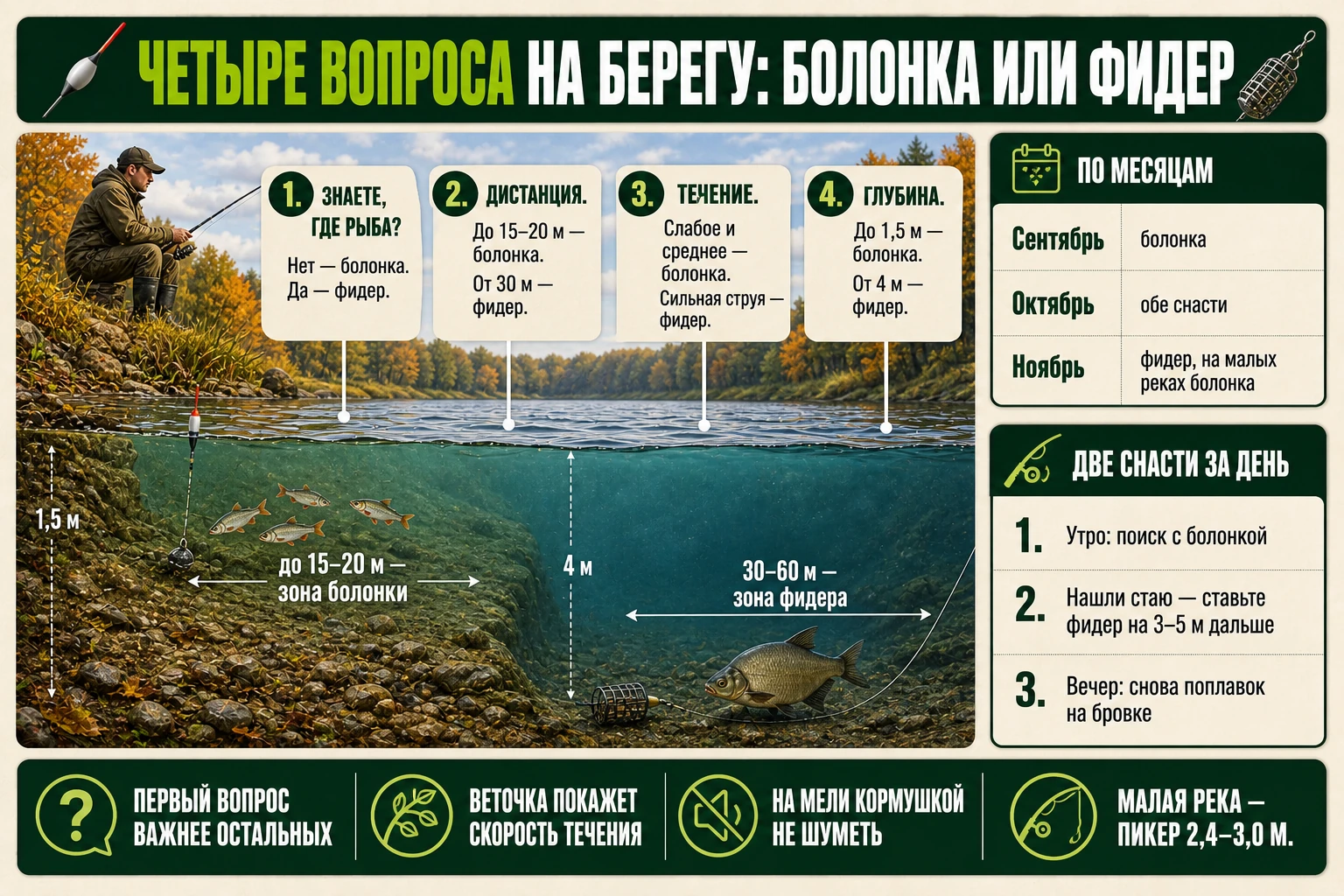 Как выбрать между болонкой и фидером по дистанции, течению и глубине