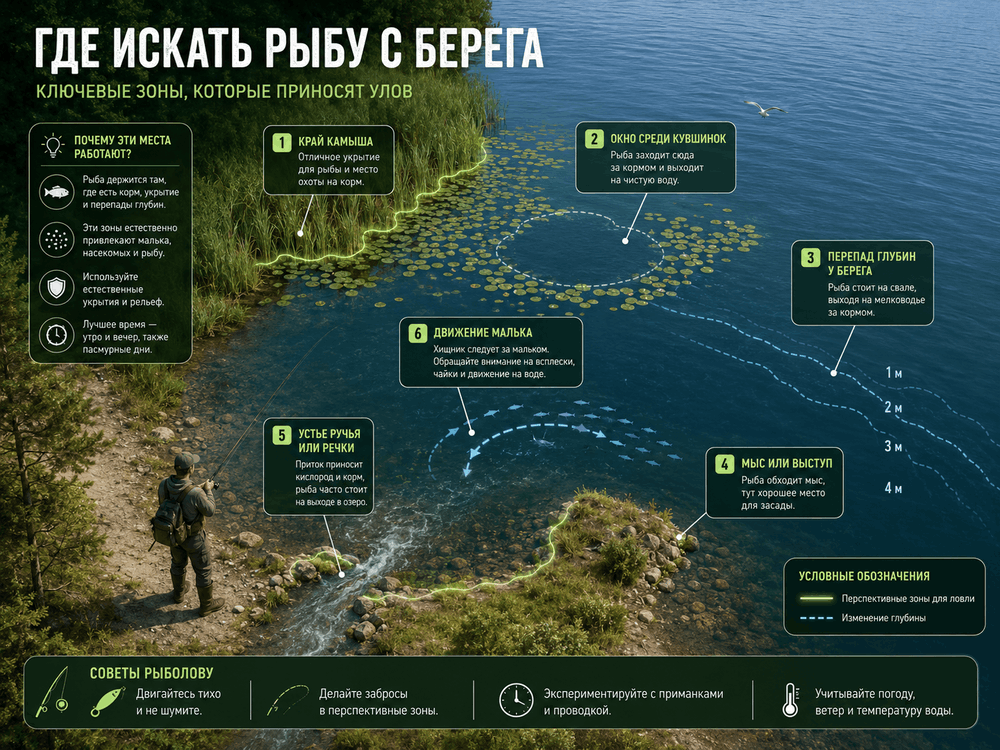 Схема перспективных мест для береговой рыбалки на озере