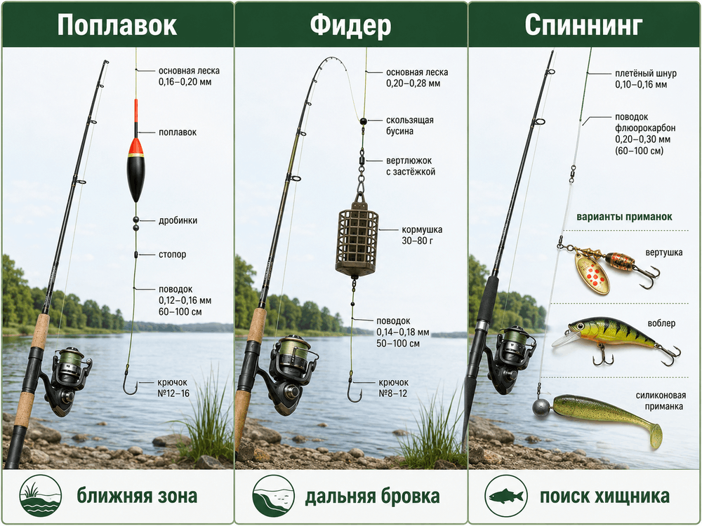 Поплавочная, фидерная и спиннинговая снасти для ловли на озере с берега