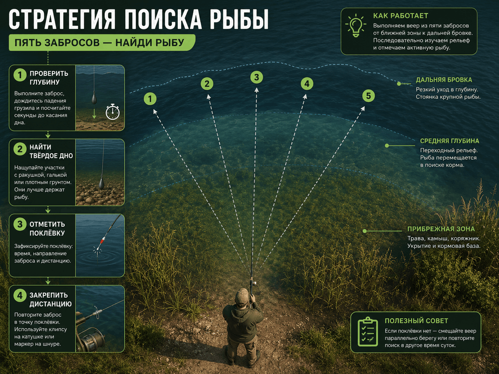Последовательность разведочных забросов при ловле рыбы на озере с берега