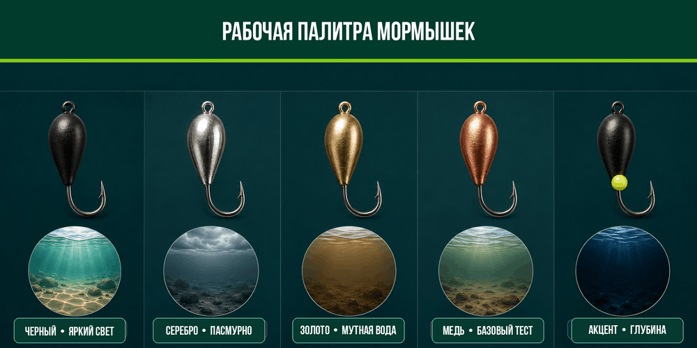 Рабочая палитра цветов мормышек для разной освещенности и прозрачности воды