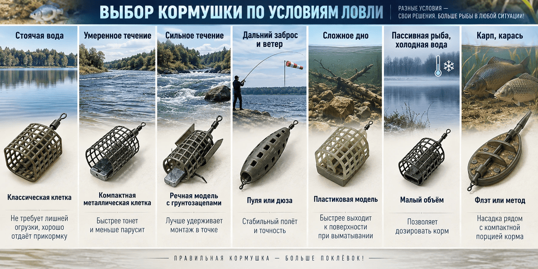 Сравнение фидерных кормушек для течения, дальнего заброса и стоячей воды