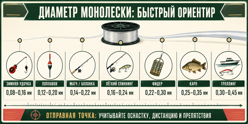 Диапазоны диаметра монофильной лески для поплавочной, фидерной, спиннинговой, зимней и карповой ловли