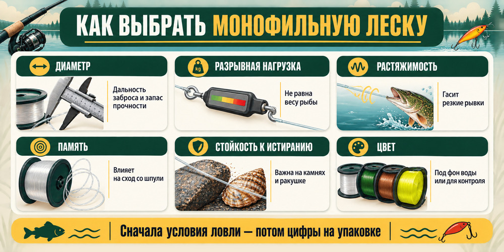 Основные параметры выбора монофильной лески: диаметр, нагрузка, растяжимость и жёсткость