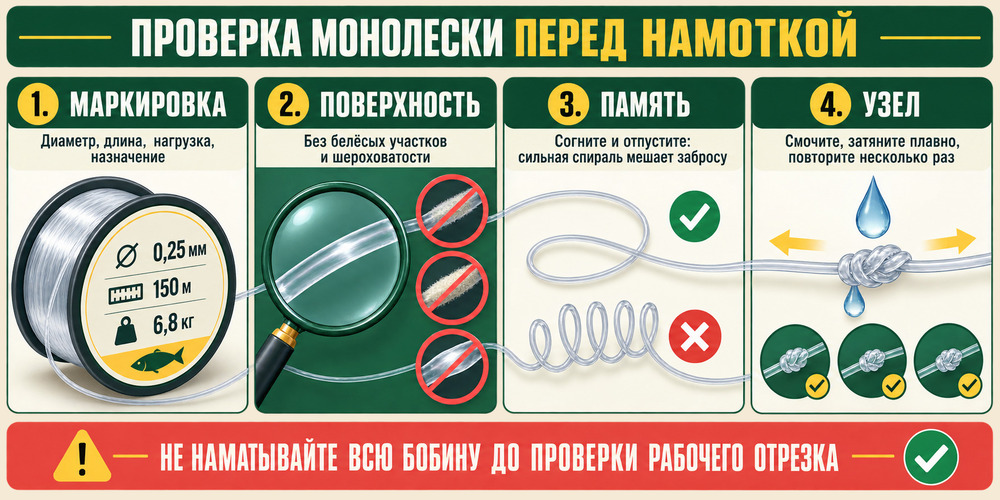Проверка гладкости, памяти и прочности узла монофильной лески перед намоткой на катушку