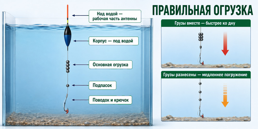 Правильная огрузка поплавка с основной группой дробинок и подпаском