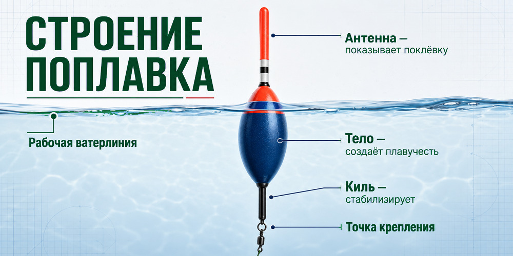 Строение рыболовного поплавка: антенна, тело, киль и точка крепления