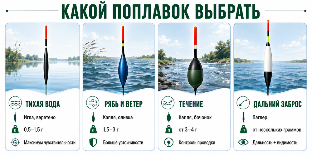 Выбор формы и грузоподъемности поплавка для стоячей воды, течения и дальнего заброса