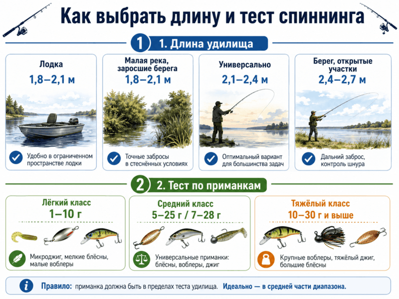 Инфографика с подбором длины и теста спиннинга под береговую ловлю и рыбалку с лодки
