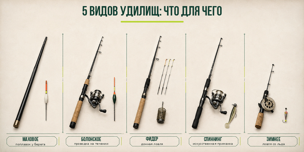 Сравнение поплавочного, фидерного, карпового, спиннингового и зимнего удилищ