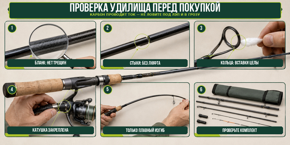 Пошаговая проверка бланка, стыков, колец и катушкодержателя удилища