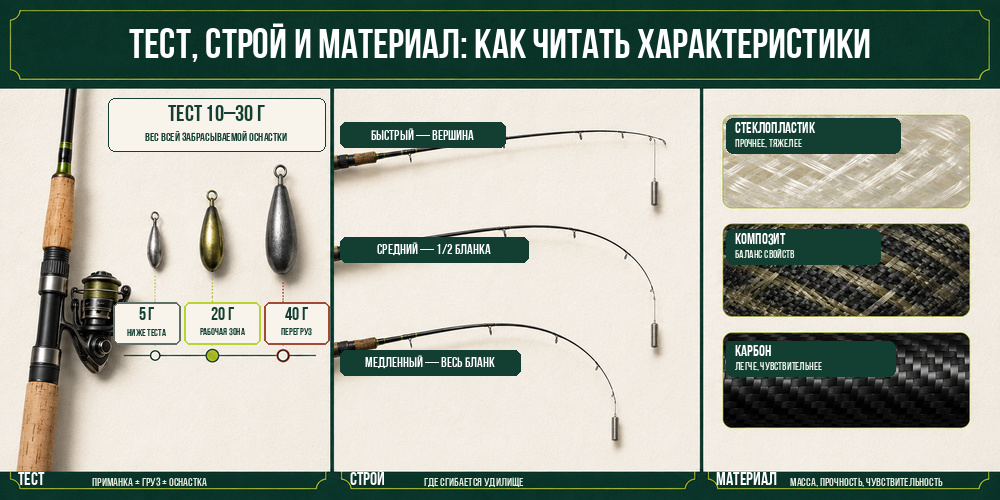 Памятка по тесту, строю, мощности и материалам рыболовных удилищ