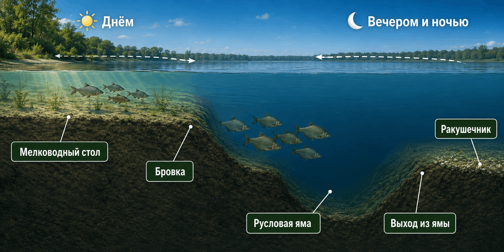 Схема летних стоянок леща на реке и водохранилище