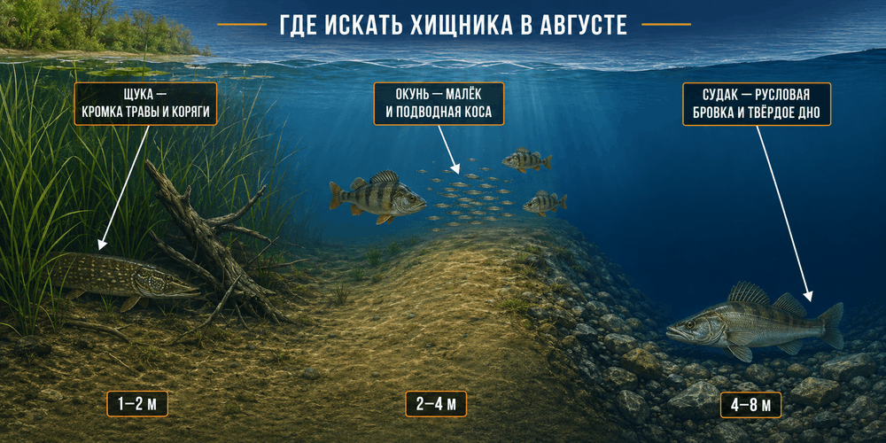 Перспективные места ловли щуки, окуня и судака в августе