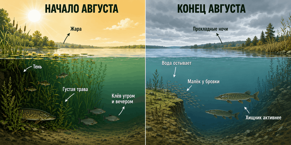 Изменение мест стоянки рыбы в начале и конце августа