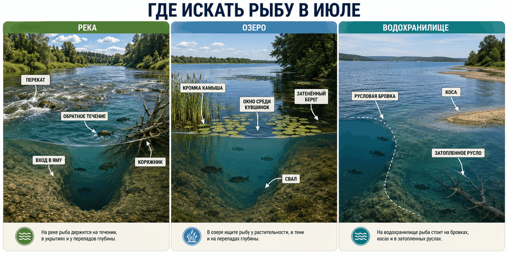 Перспективные места для ловли рыбы на реке, озере и водохранилище в июле