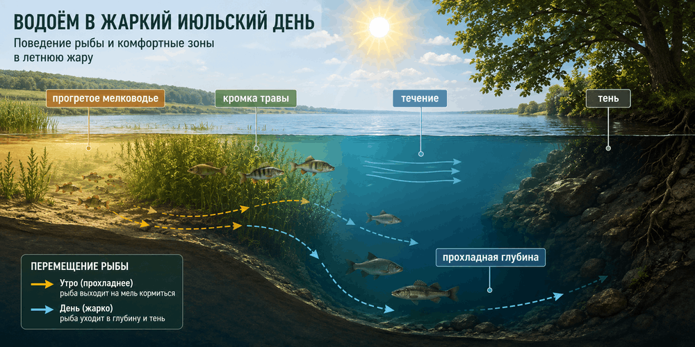 Расположение рыбы в водоёме в жаркий июльский день