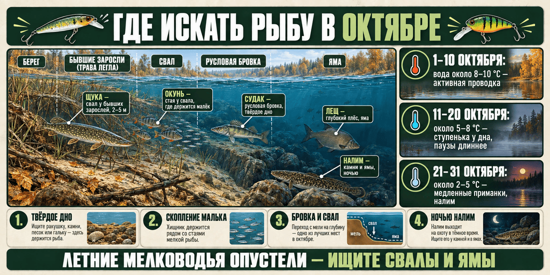 Где искать рыбу в октябре: свалы, русловые бровки, выходы из ям и зимовальные участки