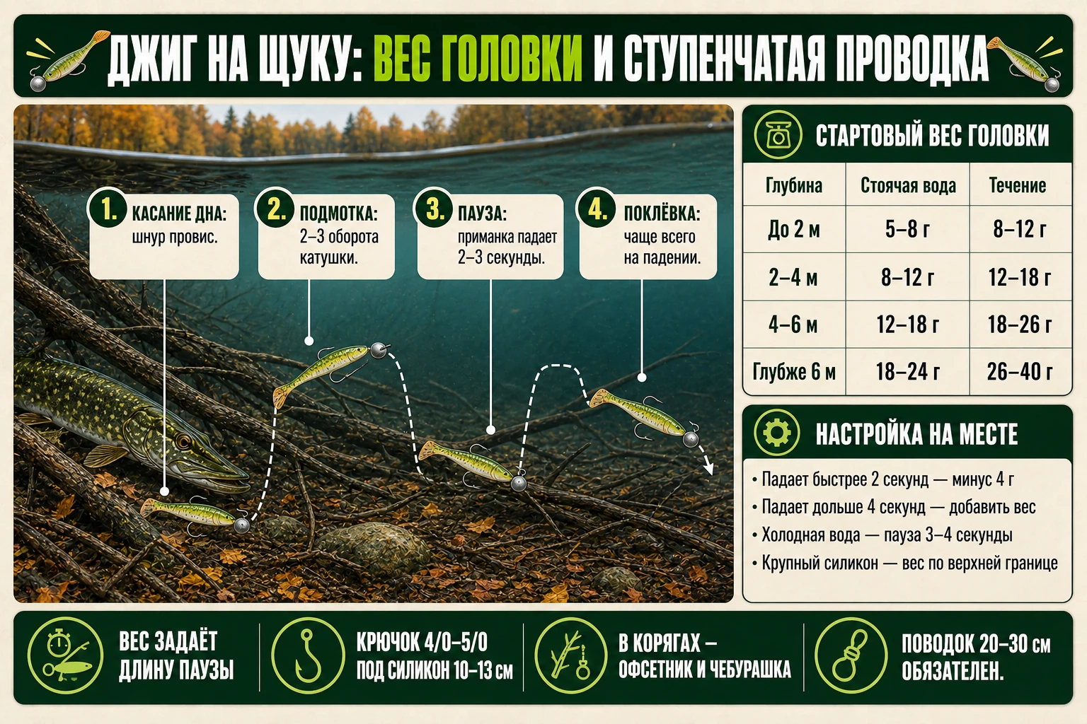 Ступенчатая проводка джига на щуку и подбор веса головки по глубине