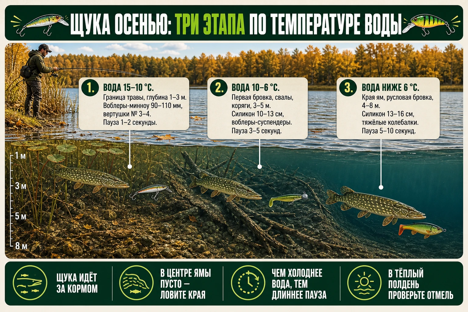 Где искать щуку осенью: три этапа по температуре воды и глубине