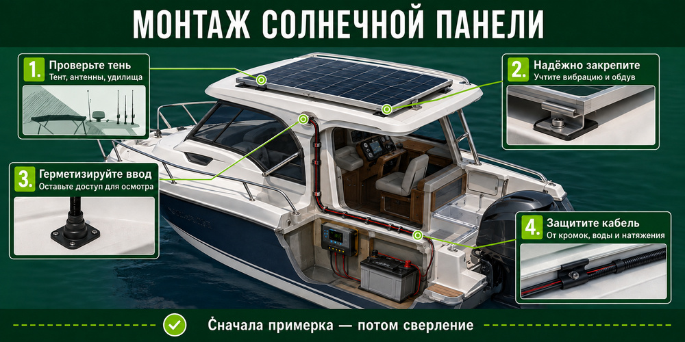 Монтаж солнечной панели и защищенной кабельной линии на катере