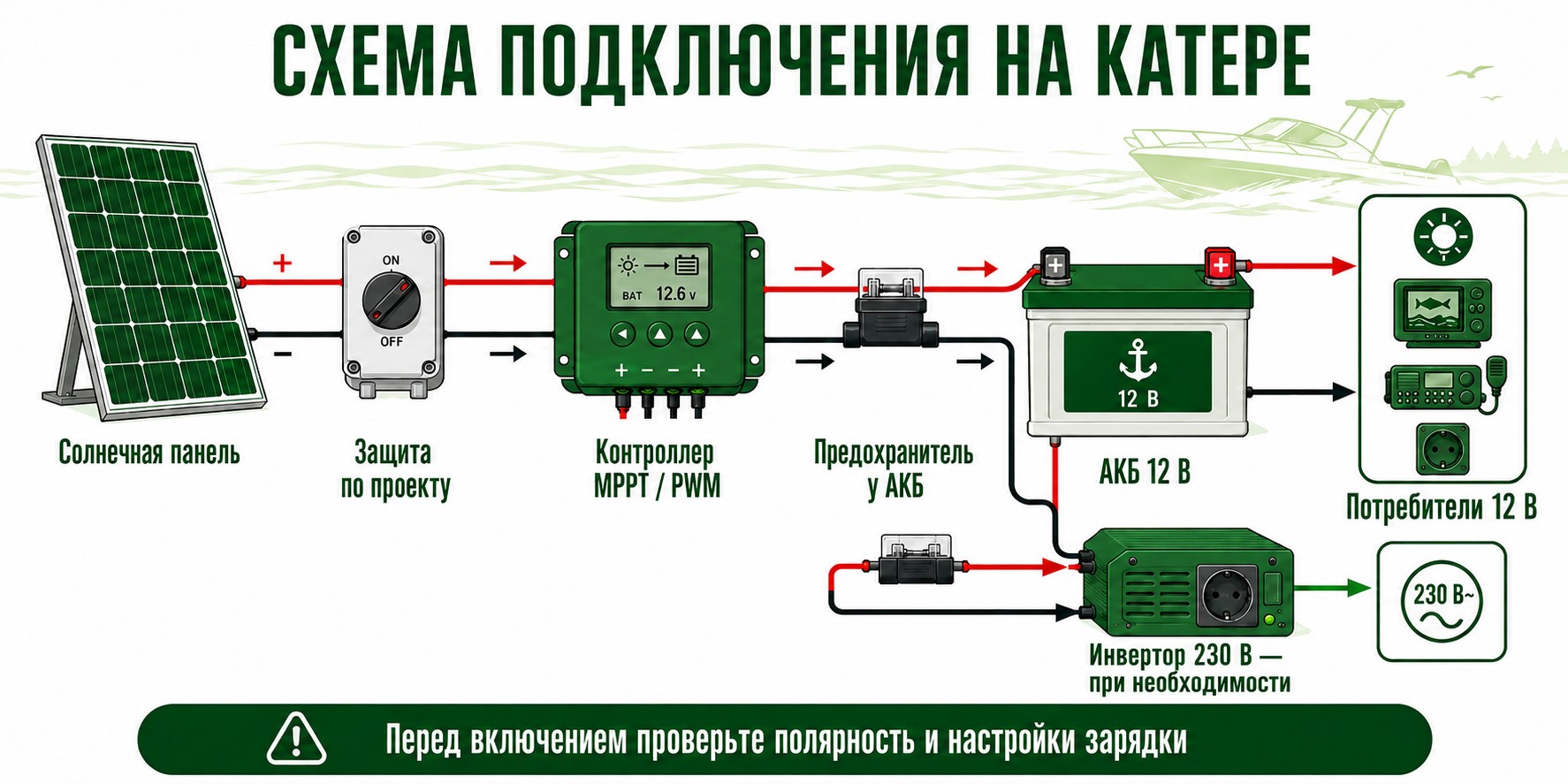 Схема подключения солнечной панели через контроллер заряда к аккумулятору катера