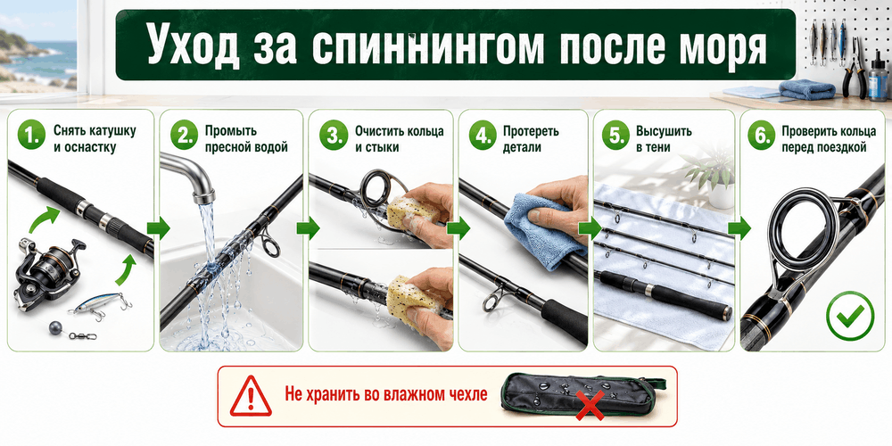 Этапы промывки и сушки спиннинга после ловли в солёной воде