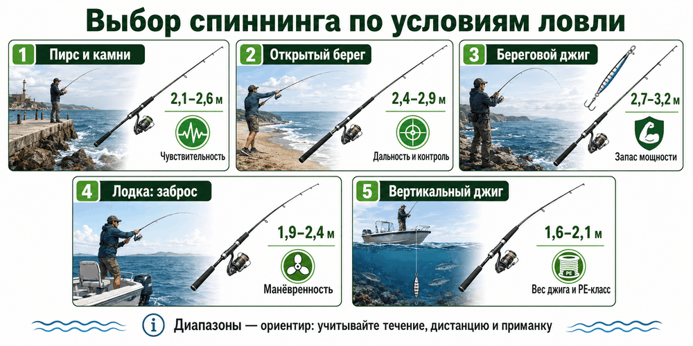 Схема выбора морского спиннинга для берега, пирса и лодки