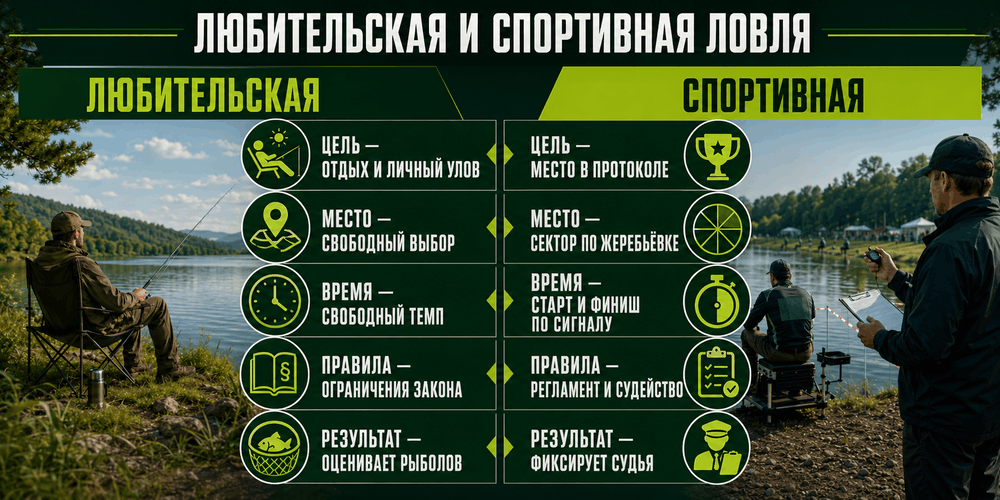 Сравнение спортивной и любительской рыбалки на водоёме