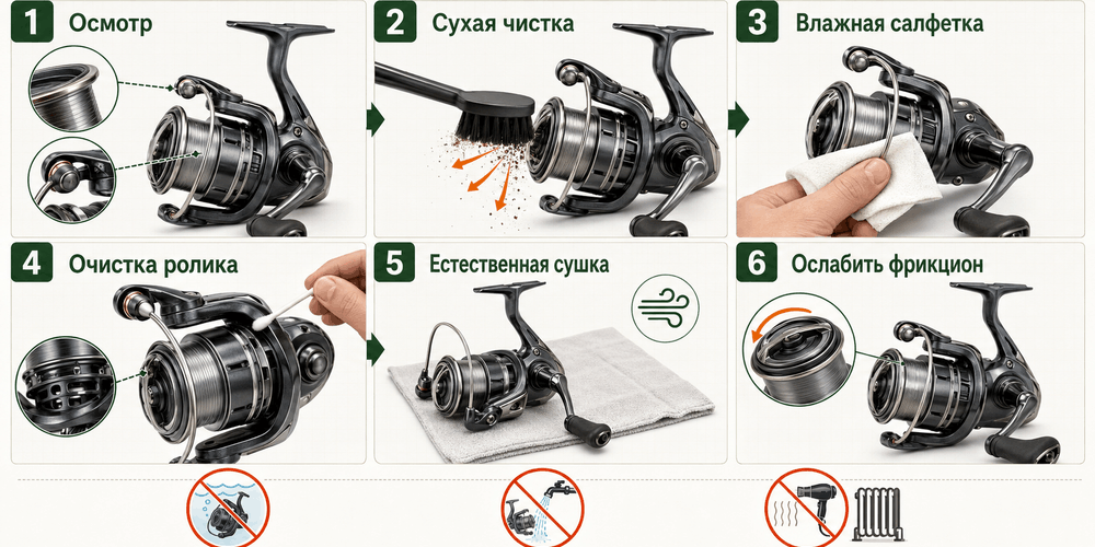 Последовательность ухода за рыболовной катушкой после рыбалки
