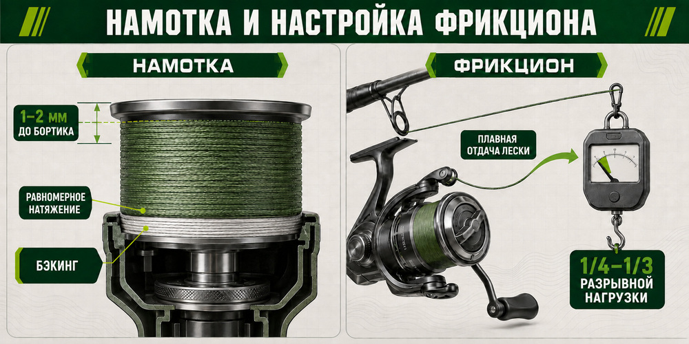 Правильная намотка плетёного шнура на шпулю и проверка настройки фрикциона безынерционной катушки