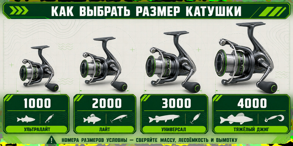 Сравнение размеров безынерционных катушек 1000, 2000, 3000 и 4000 для разных классов спиннинга